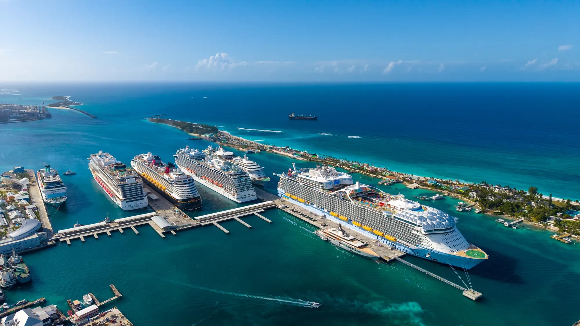 Aerial view of Nassau Harbour with cruise ships docked at the cruise port